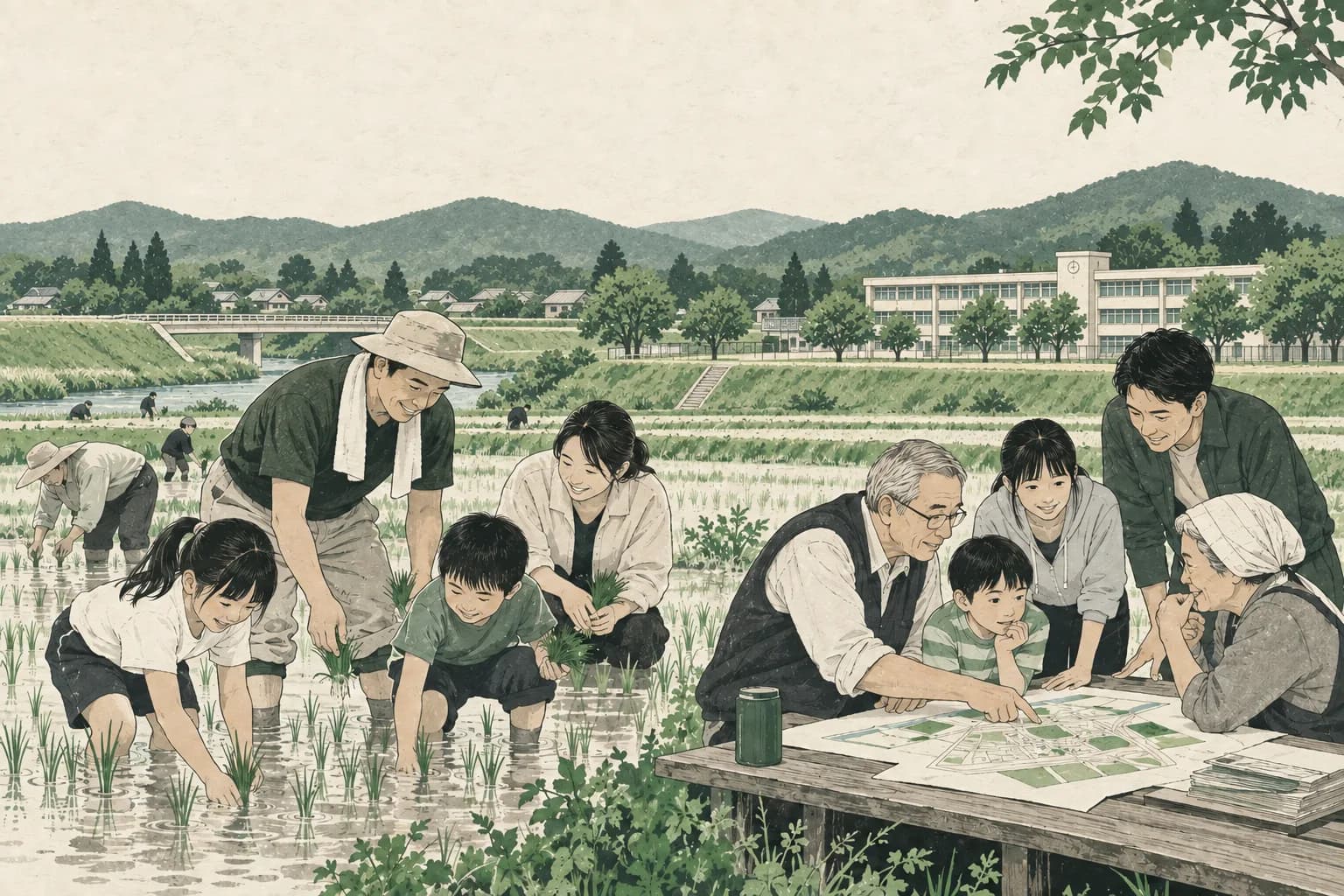 子ども、保護者、地域の方々が田植えと地域の防災マップづくりに取り組むイラスト