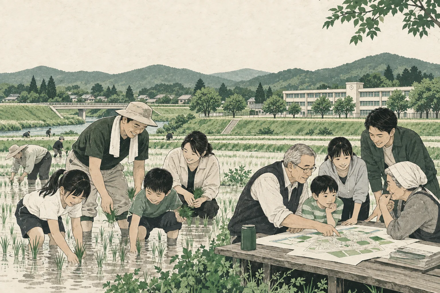 子ども、保護者、地域の方々が田植えと地域の防災マップづくりに取り組むイラスト